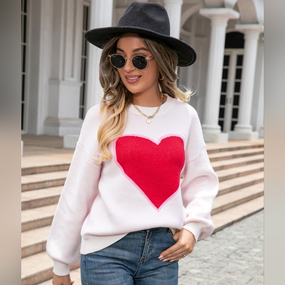 Knit Heart Contrasting Classic Round Neck Pullover Top Long Sleeve Sweater Shirt - Picture 7 of 8